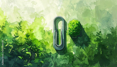 Green Snake Coiled Around Metal Paperclip in Forest.