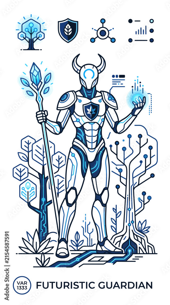 Fototapeta premium Futuristic Guardian Robot with Staff - Technology, Sci-Fi, AI