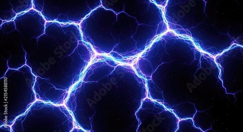 Electric blue plasma discharge filaments on black background.
