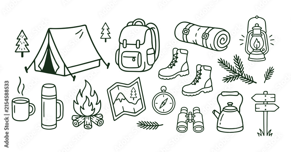 Fototapeta premium Camping gear collection features a tent backpack and forest foliage in line style