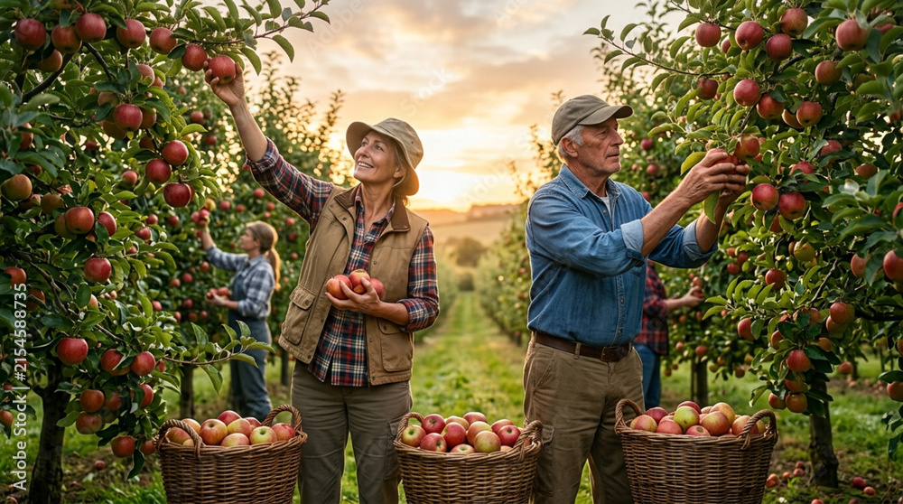 Fototapeta premium Couple Harvesting Ripe Apples in an Orchard at Sunset
