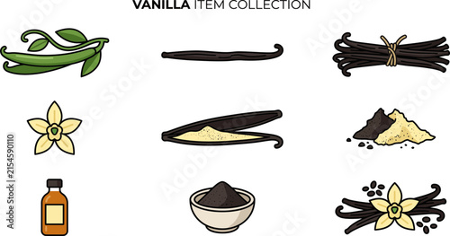Set of hand drawn vanilla icons and elements for culinary design.