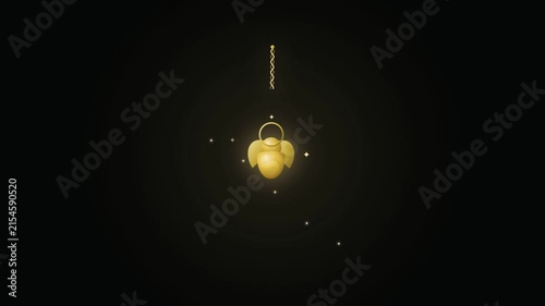 A glowing golden scarab beetle amulet floating in the dark space.