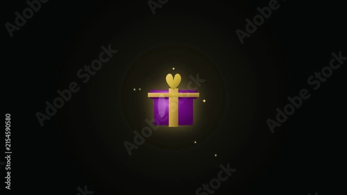 A glowing purple gift box icon with a gold ribbon on a dark background.