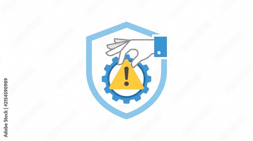 Fototapeta premium Risk and management illustration icon featuring a hand resolving a system alert warning within a protective blue shield