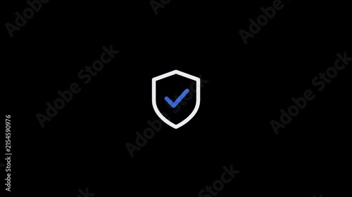 Minimalist shield icon with a blue checkmark symbol isolated on a black background.