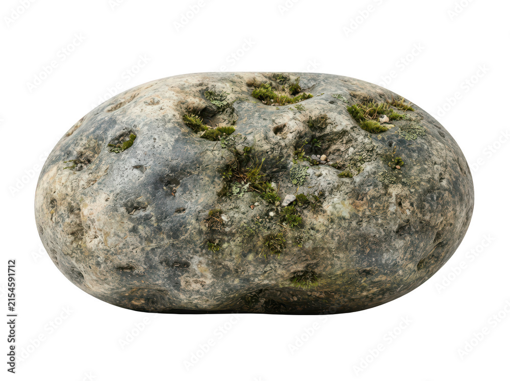 Fototapeta premium Single natural river stone with green moss isolated on white background