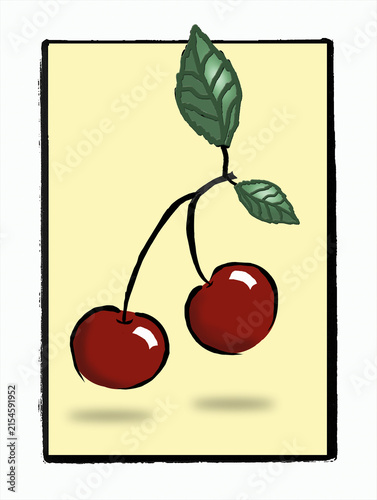 Two cherries, stems and leaves are seen in a graphic freehand digirtal painted design .