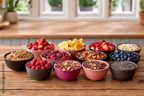 A rustic wooden table displays several colorful bowls filled with diverse healthy breakfast ingredients including fresh berries crunchy granola nuts seeds and sliced citrus fruits