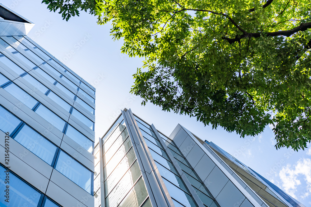 Obraz premium Green Building Modern Office Facade with Green Tree Canopy for Corporate ESG Sustainability and Eco Friendly Urban Real Estate Development, Low Angle Perspective Photo