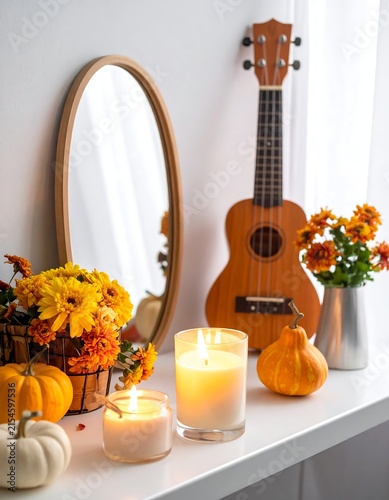 Autumn harvest still life with pumpkin and gourds on kitchen counter.
