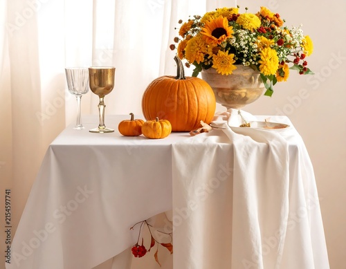 Autumn harvest still life with pumpkins and sunflowers.
