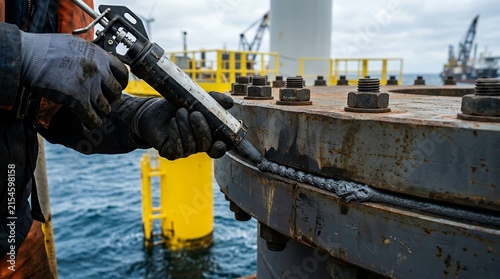 Worker applying industrial sealant to offshore wind turbine steel flange joint construction.