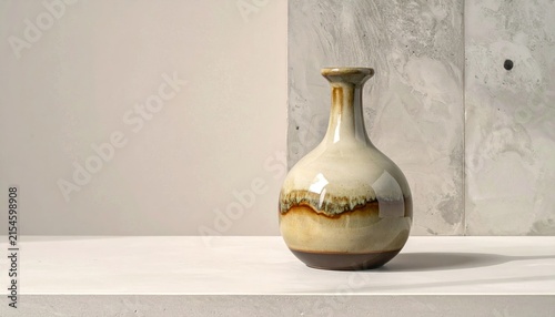 Decorative ceramic vase on a minimalist white pedestal.