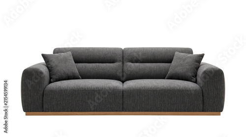 Modern Dark Grey Fabric Sofa Couch with Cushions and Wooden Base Trim Isolated Cutout Transparent PNG
