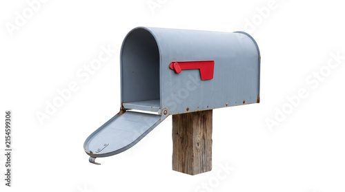 Фотография Open empty grey metal mailbox on wooden post, isolated element on white background for postal service and delivery concept