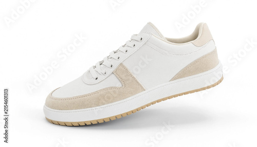 Casual white leather sneaker with beige suede details and a rubber sole