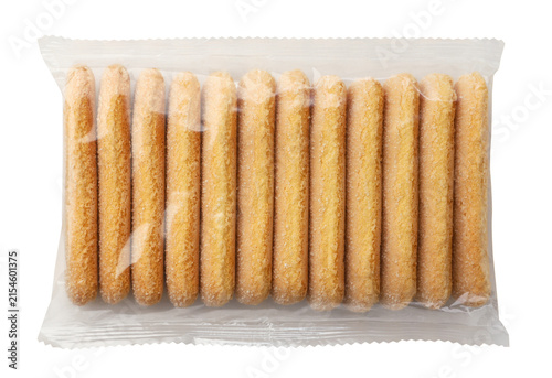 Savoiardi cookies in the package isolated on a white. Top view