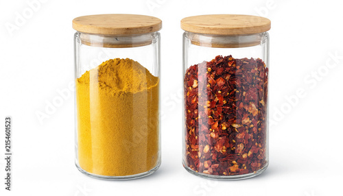 Two glass jars with wooden lids filled with yellow curry powder and red chili flakes