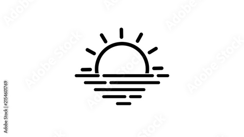 Sunrise icon with rising sun above calm horizon lines, simple black outline symbol for morning, weather, nature, travel, landscape, sunset, minimal 4k animation .