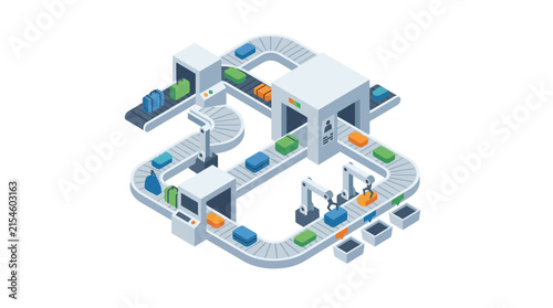 Isometric Automated Package Sorting System with Conveyor Belt Loop