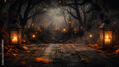 Spooky halloween background with empty wooden planks, dark horror background.
