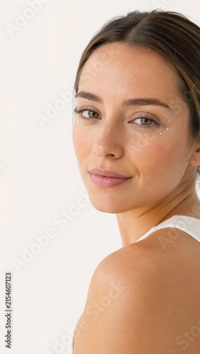 Woman with subtle rhinestone eye makeup on white background