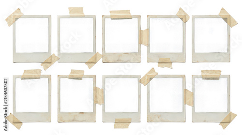 Set of ten vintage polaroid frames with tape isolated on transparent background