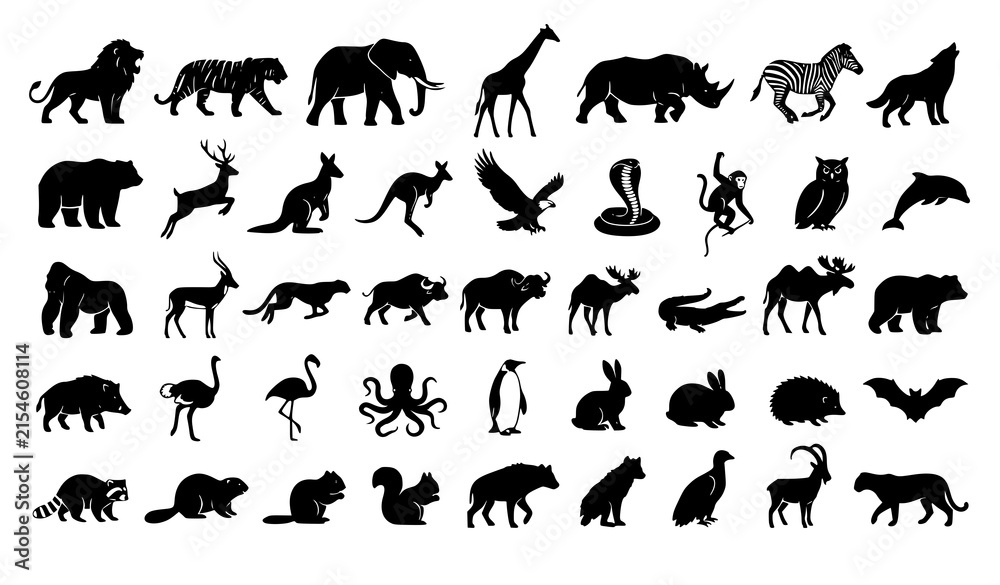 Obraz premium Wild Animals Silhouette Set – Black Wildlife Vector Collection