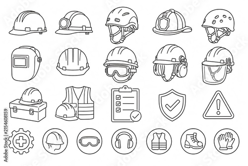 Occupational safety equipment outline icon collection featuring helmets, goggles, gloves, boots, safety vest and workplace protection symbols.