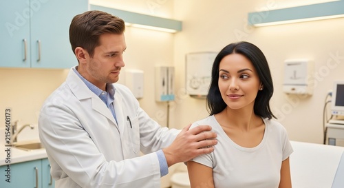 Doctor reassuring female patient during medical consultation in a modern clinic examination room