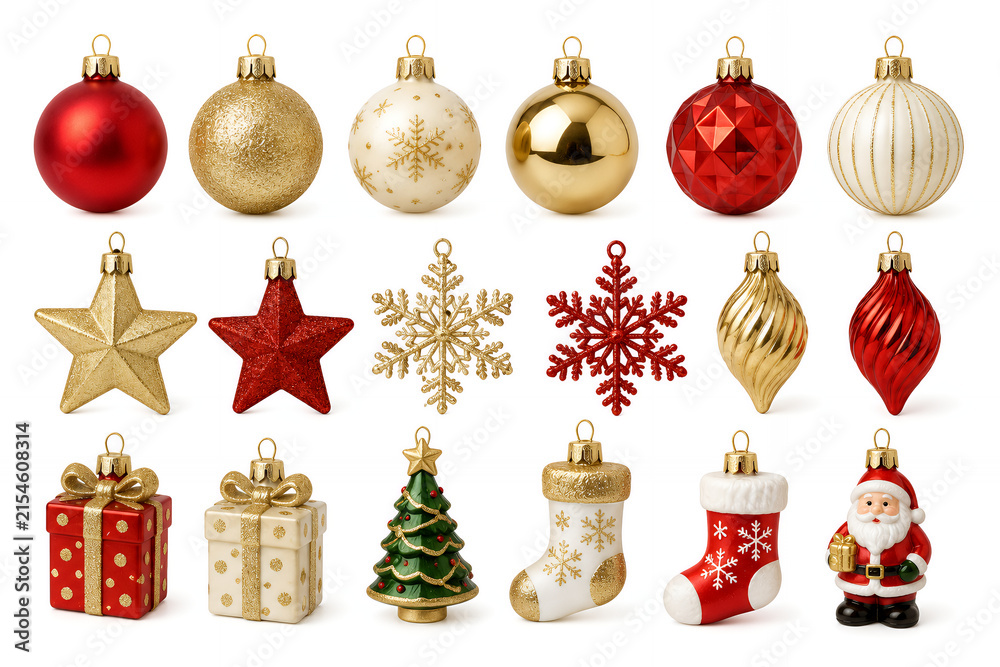 Fototapeta premium クリスマスオーナメントセット 白背景の装飾アイコン素材集