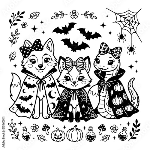 Cute Halloween animals wearing spooky capes and little bows coloring page