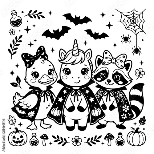 Cute Halloween Animals Coloring Page Featuring Unicorn Duck And Raccoon