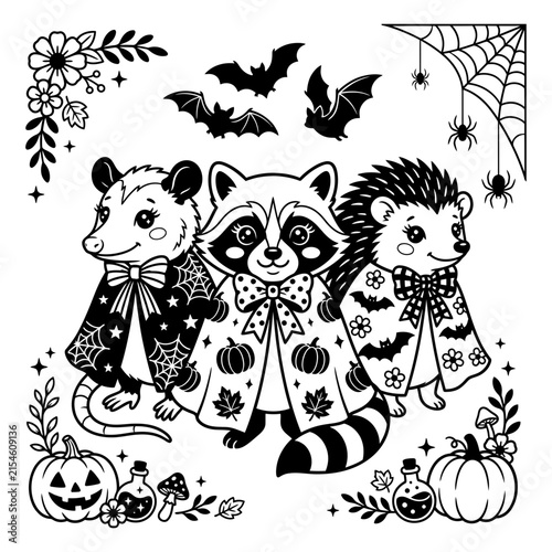 Cute Halloween animals wearing spooky cloaks with bats and pumpkins