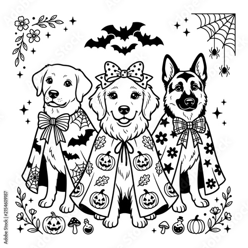 Cute Halloween dogs wearing spooky capes with pumpkins and bats coloring page