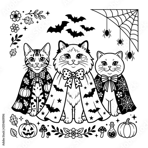 Cute Halloween cats wearing capes and costumes with spooky elements