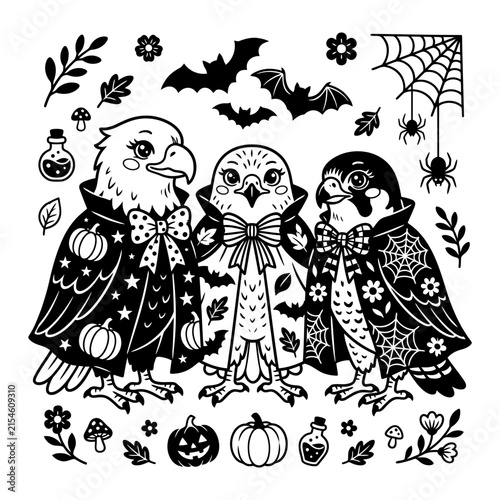 Halloween vector illustration featuring cute birds wearing spooky capes and magical elements
