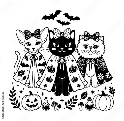 Cute Halloween cats wearing capes with pumpkins and bats in black and white