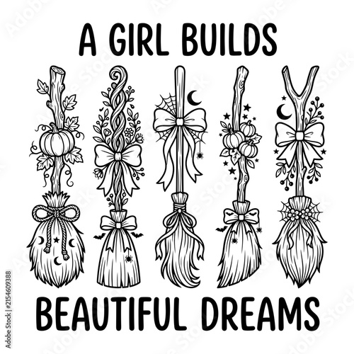 Halloween witch broom design with floral elements and cute typography