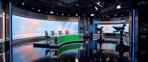Broadcast studio environment featuring curved green desk and multiple television screens for news and professional media production setup