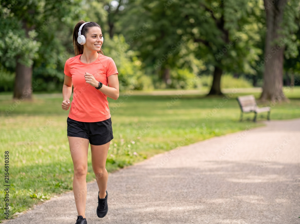 Fototapeta premium Young fair white woman jogging outdoors for weight loss fitness wellness exercise motivation healthy lifestyle and preventive healthcare advertising campaign