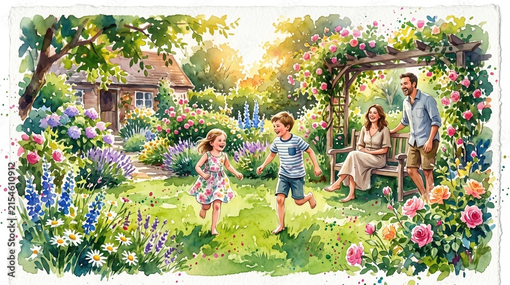 Fototapeta premium Watercolor painting shows children running while parents watch in a flower garden. Captures joy and summer leisure. Perfect for family lifestyle or home decor content.