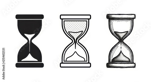 Set of Three Hourglass Icons in Different Styles: Silhouette, Outline, and Hand-Drawn Sketch for Time Management Concepts