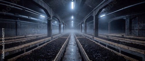 Large scale commercial mushroom farm facility featuring long wooden planting beds filled with dark fertile soil inside industrial cellar