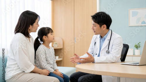 小児科で診察を受ける親子と医師