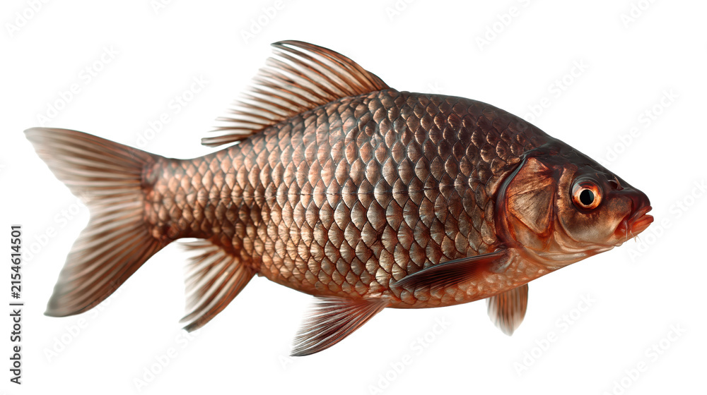 Fototapeta premium Side profile of a common carp fish with golden scales on white background