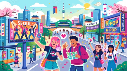Seoul city street scene with K-pop fans and tourists.
