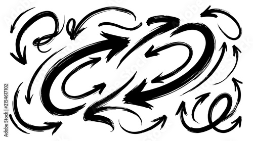 Set of circular hand drawn black brush stroke arrows.