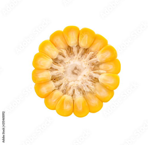 Ear of corn in cut. Сlose-up slice of corn, isolated.